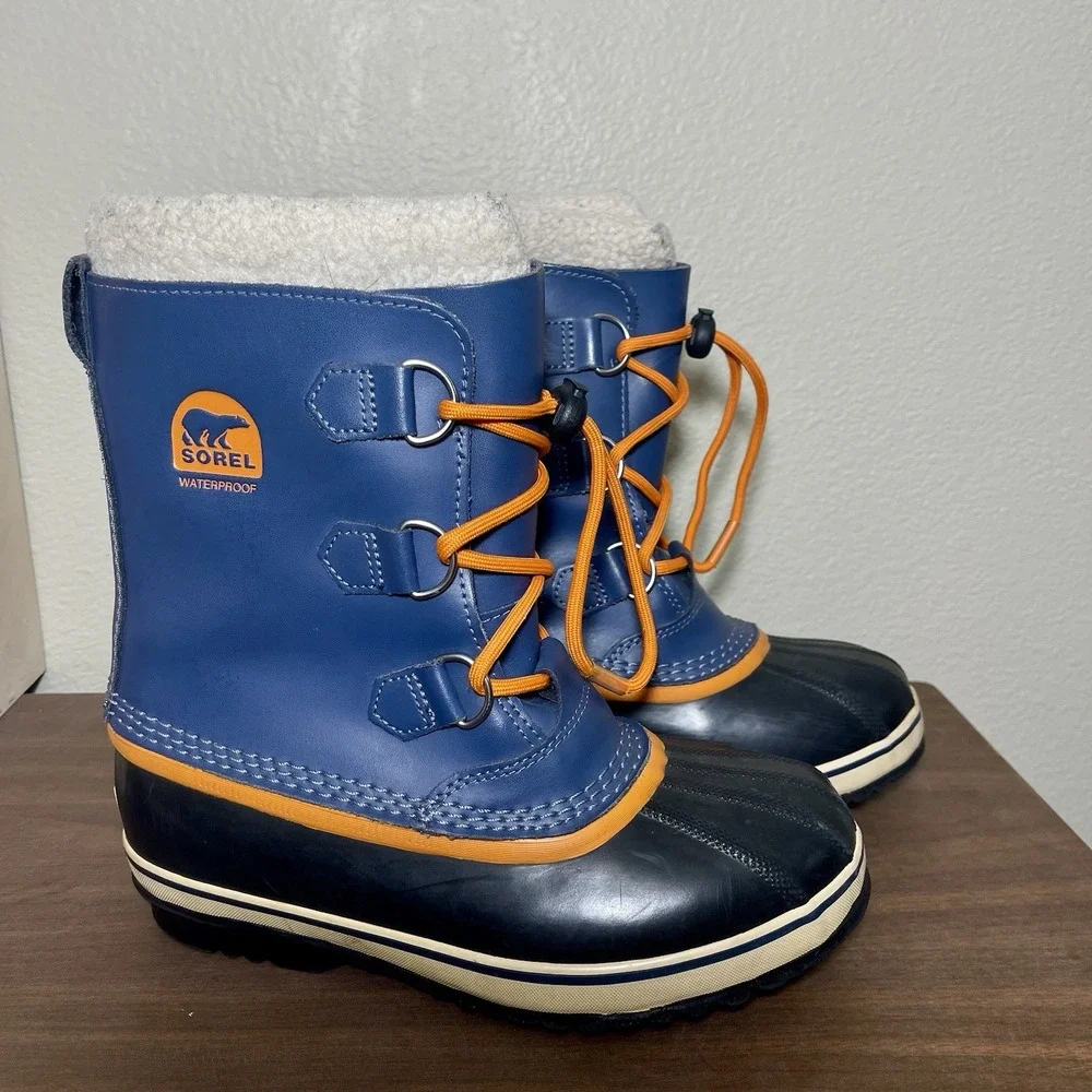 Sorel Yoot Pac Waterproof Snow Boots Removable Liner Blue Orange Youth Sz 5 / 37